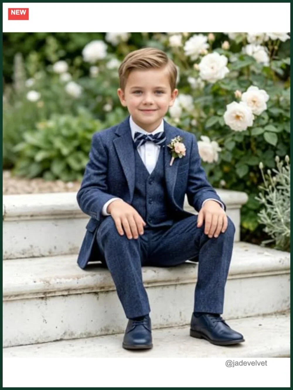 5 Piece Tweed Herringbone Suit Set for Boys Blazer Vest Pant Shirt Tie